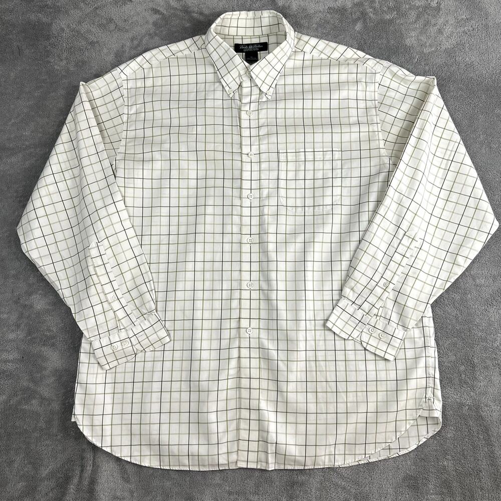 Brooks Brothers Button Down Shirt‎ Mens XL White Green Plaid Cotton Classic